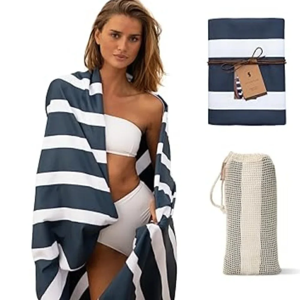 Brand New Microfiber Beach Towel Sandfree Quick Dry Blue White Stripes Vacation